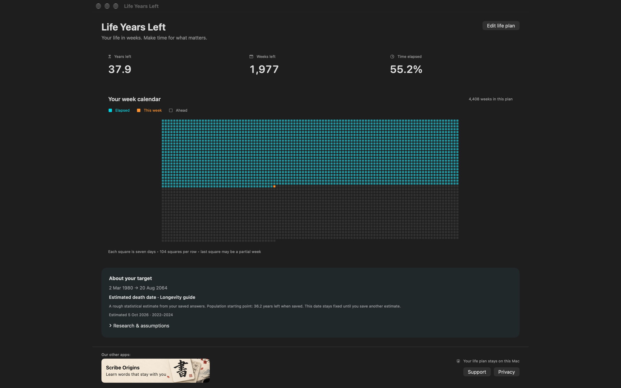 Life Years Left death clock for Mac showing years left and a life week calendar