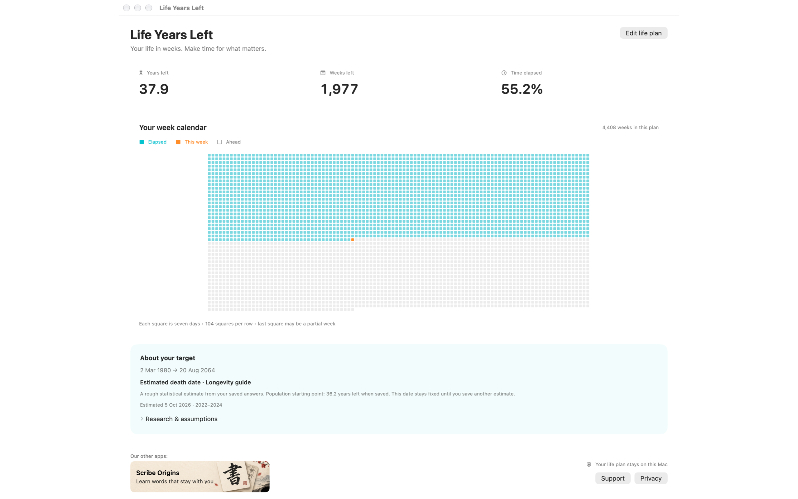 Life Years Left in light mode showing elapsed and future weeks in an example life plan